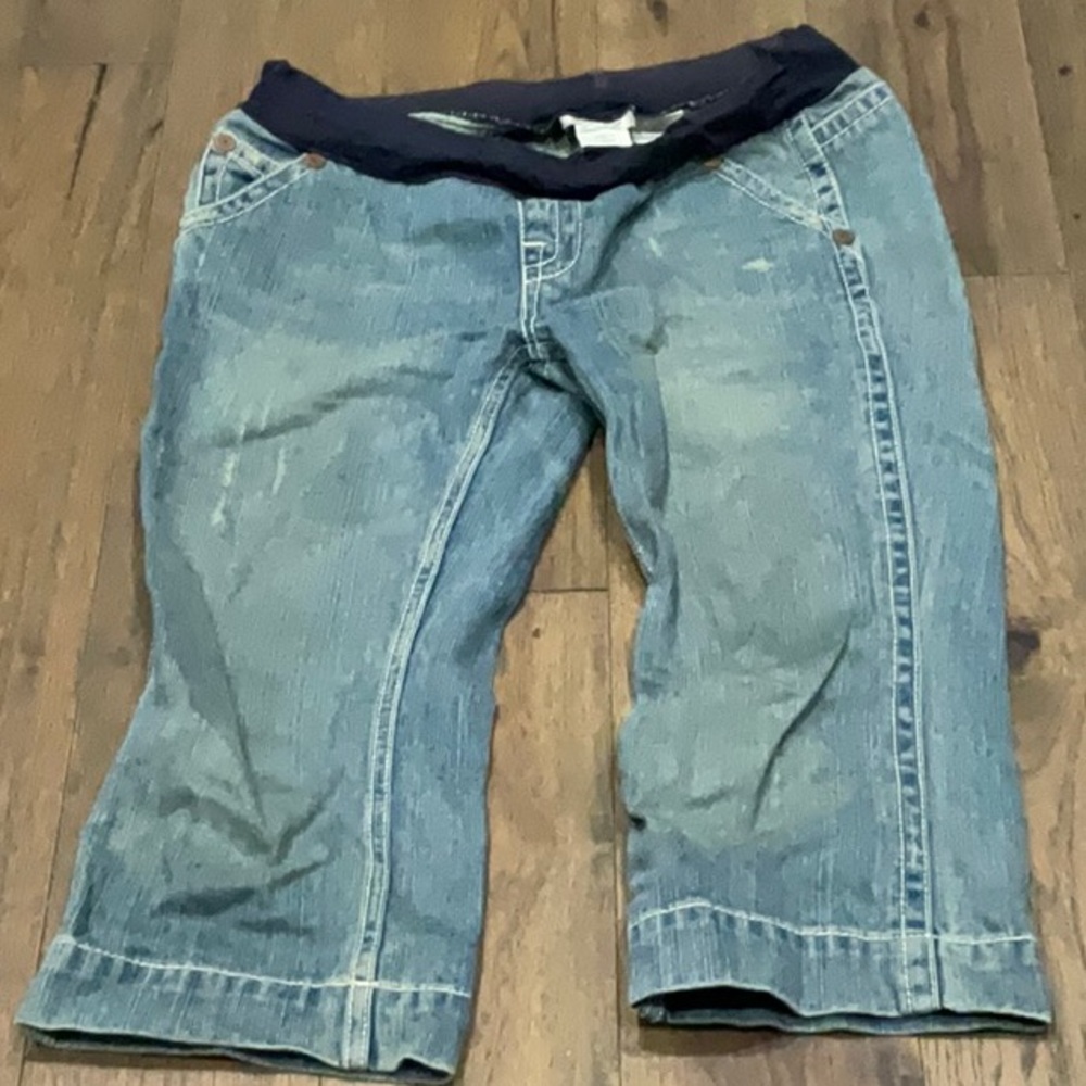 Maternity Light Wash Denim Crop Pants with Dark Elastic Waistband